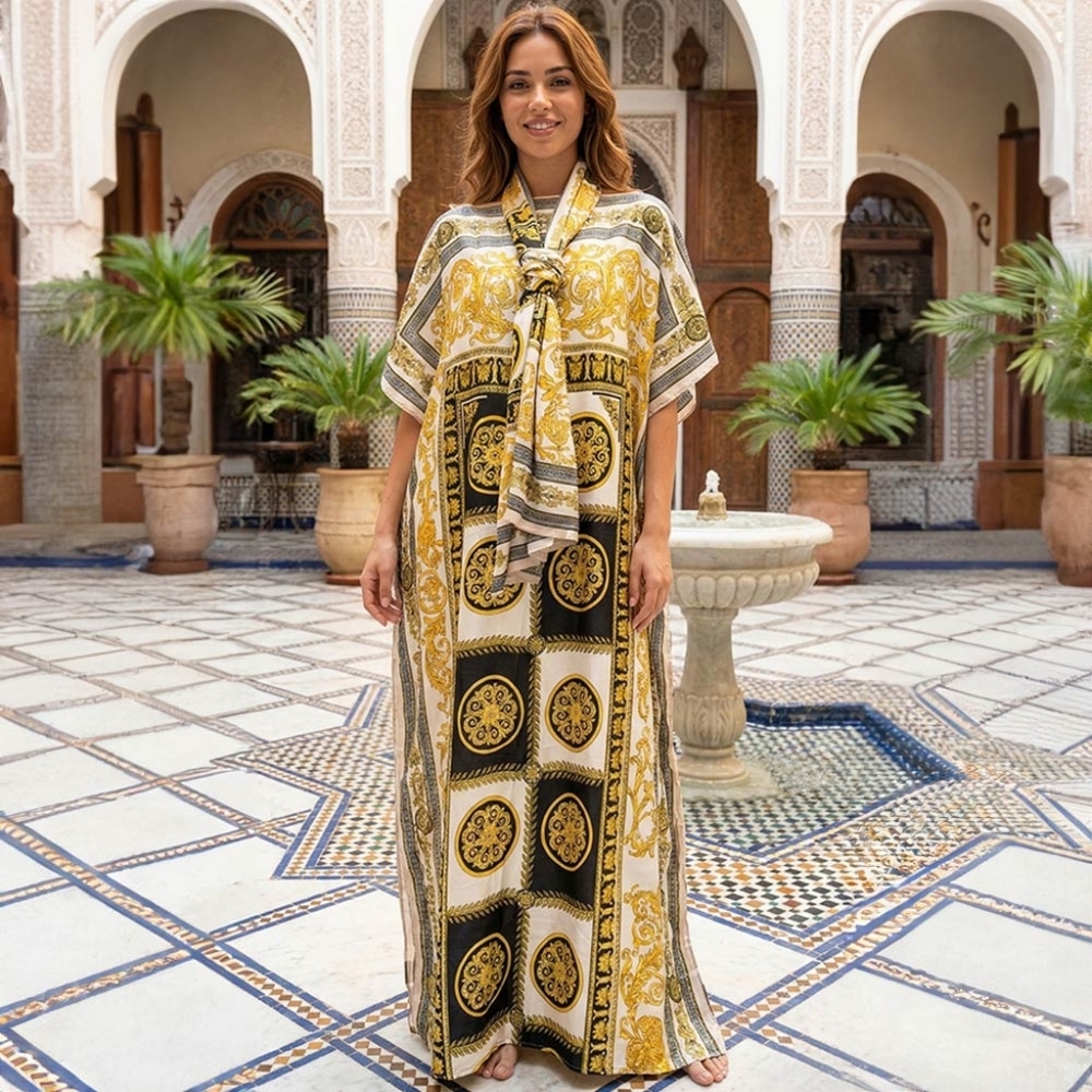 Silky Printed Caftan Dress in Gold, Black & Cream